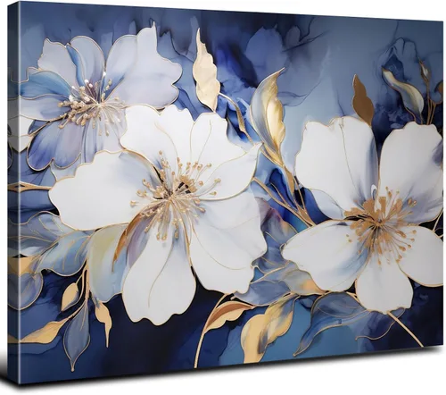 Arte de pared abstracto de flores blancas azules y doradas, decoración de pared azul marino y dorado, marmoleado de flores silvestres para
