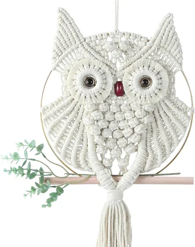 Miniatura 9 de MVSUTA Owl Burgundy Cotton Handmade Macrame Wall Hanging Tapestry Home Decor Art and Red Craft Wonderful Decoration Woven Boho Ornament for Office