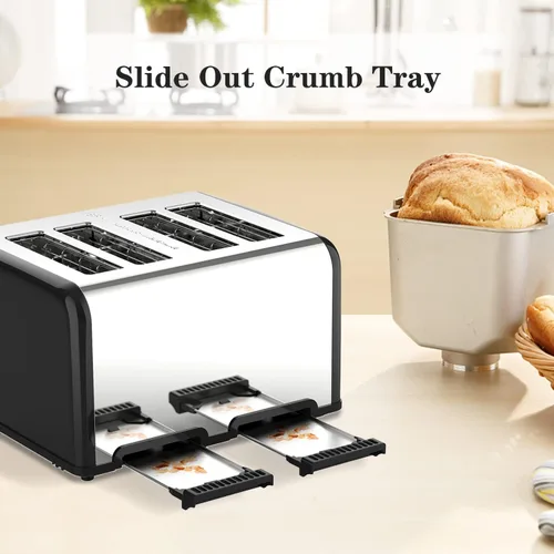 Miniatura 7 de Tostadora de 4 rebanadas, tostador de panecillos de acero inoxidable KitchMix con temporizador LCD, ranuras extra anchas, pantalla dual, bandeja
