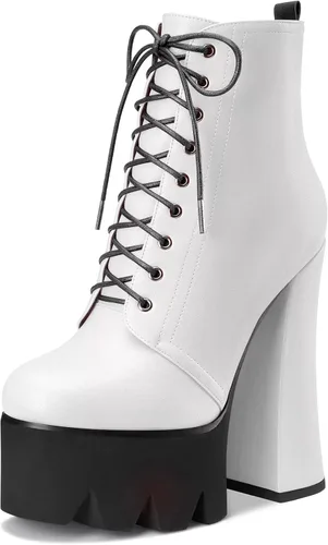 Miniatura 20 de HDEUOLM Botas de tobillo con tacón alto de bloque grueso para mujer, puntera redonda, botines cortos con cordones y cremallera, zapatos clásicos