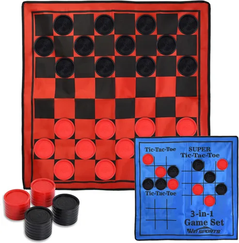 Win SPORTS Juego de damas gigantes 3 en 1, Super Tic Tac Toe, incluye alfombra reversible con 24 damas, actividad interior y exterior para niños o