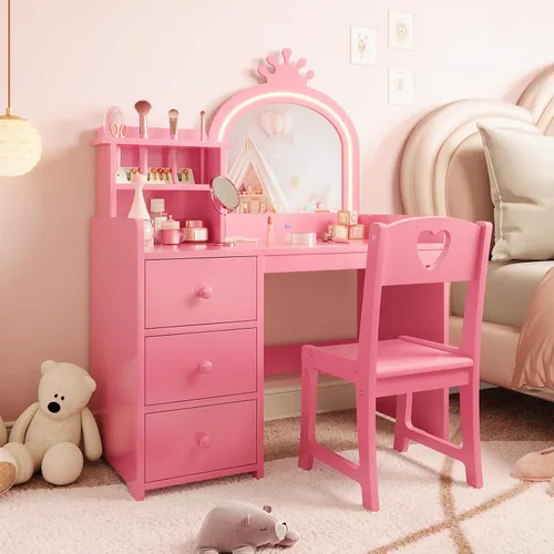 Miniatura 10 de GarveeHome Tocador para niños con luces, gabinete de almacenamiento y espejo plegable desmontable con luz táctil, juego de mesa y silla para niños