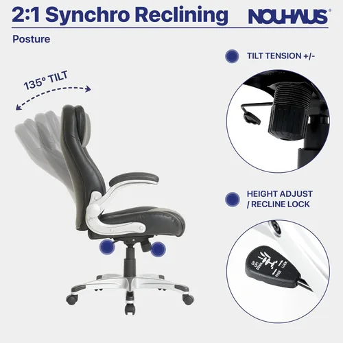 Miniatura 5 de Nouhaus +Posture Silla ergonómica de oficina de cuero PU. Soporte lumbar Click5 con apoyabrazos FlipAdjust. Silla ejecutiva moderna y silla de Negro