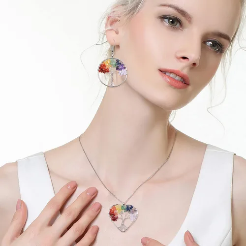 Miniatura 6 de 6 dijes de árbol de la vida, coloridos dijes de piedra natural de cristal natural para chakras, piedras preciosas positivas de cuarzo, dijes