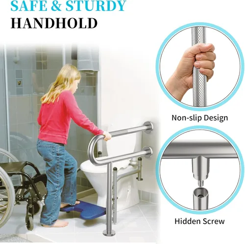 Miniatura 5 de Munzong - Riel de soporte para inodoro de 23.4 x 28 pulgadas, barra de agarre antideslizante de níquel cepillado satinado para baño, pasamanos