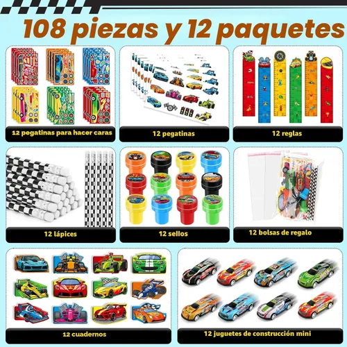 Miniatura 2 de BenLouis 96 piezas de recuerdos de fiesta de autos de carreras con tema de carreras, juego de papelería escolar a granel para niños, ruedas