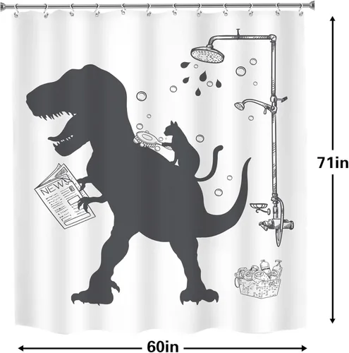 Miniatura 5 de Divertido juego de cortinas de dinosaurio para niños para baño, de tela, con diseño de dinosaurio, dino, gato, Trex, animal, raptor, silueta