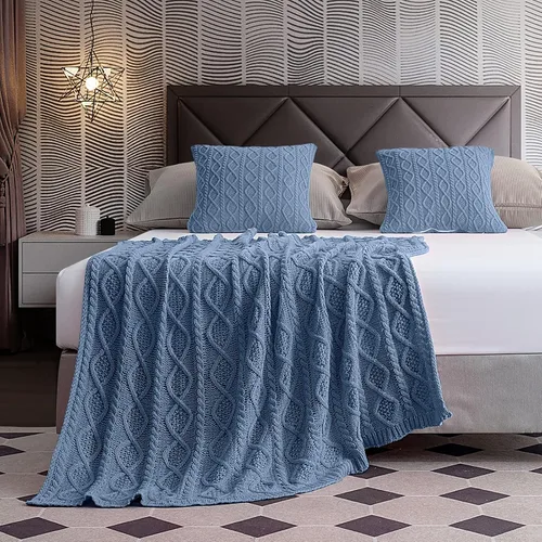 Miniatura 4 de Homiest Juego de 3 mantas y almohadas de punto trenzado, color blanco crema, manta de punto (50 x 60 pulgadas) y 2 fundas de almohada