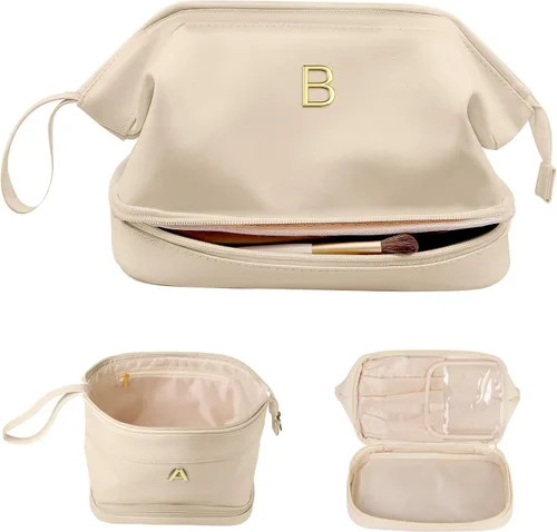 Miniatura 76 de Regalos para mujer, bolsa de maquillaje grande con inicial, artículos esenciales de viaje, bolsa de cosméticos personalizada de doble capa