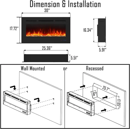 Miniatura 6 de Cheerway Chimenea eléctrica de pared y empotrada de 30 pulgadas con calentador, chimenea de pared lineal con termostato, llama ajustable