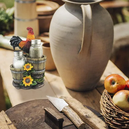 Miniatura 6 de DWK Sunrise Seasonings - Juego de salero y pimentero de 3 piezas de gallo de granja, recargable, tarros de cristal para sal y pimienta, novedoso
