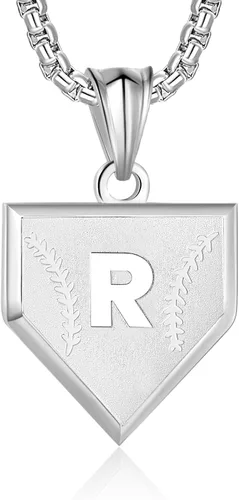 Miniatura 24 de Collar con inicial de la A a la Z para niños, de acero inoxidable, con dije de escudo de letra, cadena de 22 + 2 pulgadas, inspirador de béisbol