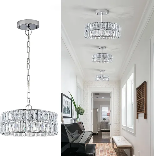 Miniatura 22 de Lámpara Colgante de Cristal de 4 Luces Araña Moderna Negra Pequeña de 12" Cristal Semi Empotrada Luz de Techo Redonda para Isla de Cocina, Negro