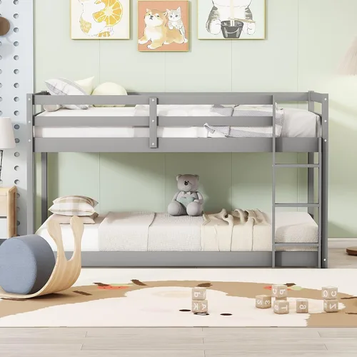 Miniatura 3 de Harper & Bright Designs Litera baja individual sobre individual, litera de madera individual para niños con escalera, marco de litera de suelo