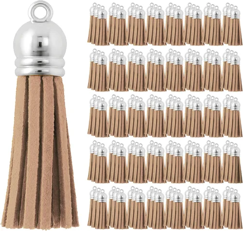 Miniatura 99 de Mandala Crafts 100 borlas de gamuza sintética color aguamarina con tapa dorada, suministros para hacer llaveros a granel, pequeñas borlas de cuero