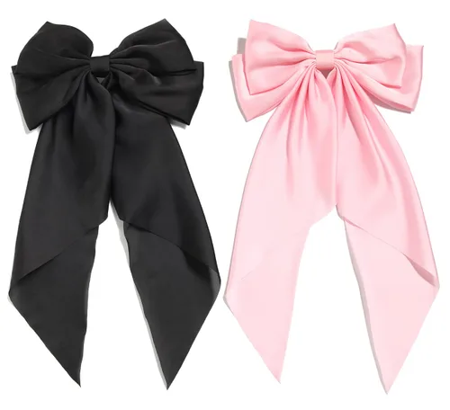 Furling Pompoms - Lazos para el cabello para mujer, pinzas grandes de satén sedoso para el cabello, lazos para el cabello con cola larga, pasadores