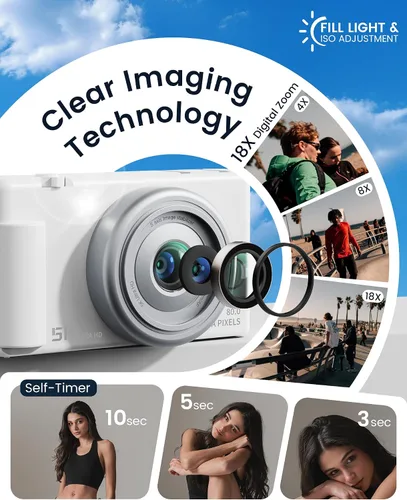 Miniatura 4 de Cámara digital True 5K para fotografía, enfoque automático de 80 megapíxeles con zoom digital 18X, pantalla giratoria de 3" 270°, cámara selfie