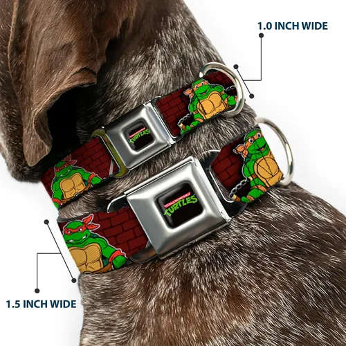 Miniatura 2 de Buckle-Down Collar de perro con hebilla de cinturón de seguridad, posturas clásicas de batalla TMNT/pose grupal, 7, 1 pulgada de ancho, se adapta a
