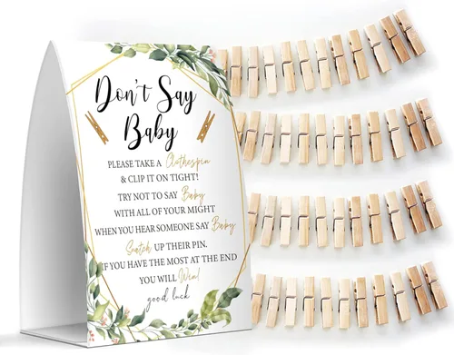 Miniatura 10 de Juego de texto en inglés "Don't Say Baby", un letrero de 5 x 7 pulgadas y 50 mini pinzas para la ropa, juegos de baby shower, decoración de baby