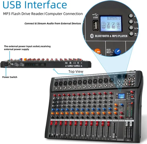 Miniatura 3 de Depensheng DX12 - Interfaz de controlador de sonido DJ con unidad USB para grabación de computadora, mezclador de audio de estudio de 12 canales