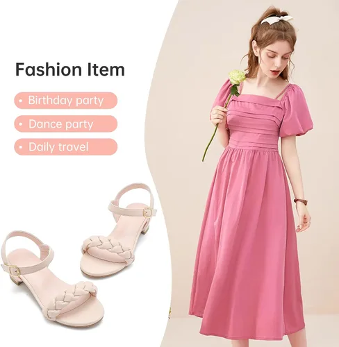 Miniatura 6 de Sandalias para niñas, tacones para niños, puntera abierta, correa al tobillo, zapatos de vestir, flores para boda, fiesta para niños pequeños