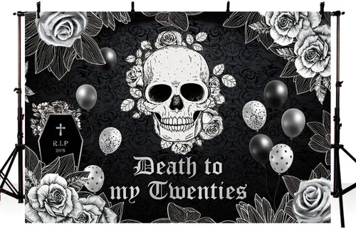 Miniatura 2 de MEHOFOND Telón de fondo de 7 x 5 pies de muerte a mis veinte para fiesta de cumpleaños de 30 años RIP to My 20s funeral gótico calavera rosa negra