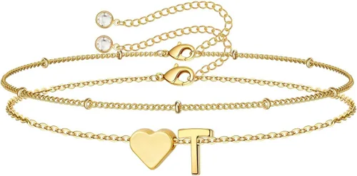 Miniatura 40 de M MOOHAM Pulseras de oro con inicial de corazón para mujer, pulseras con dije de letra A-Z de corazón dorado en capas para mujer, pulseras