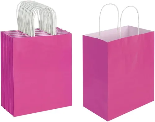 Oikss Paquete de 50 bolsas de papel kraft medianas de color rosa fuerte de 8 x 4.75 x 10 pulgadas con asas a granel para cumpleaños, bodas, favores