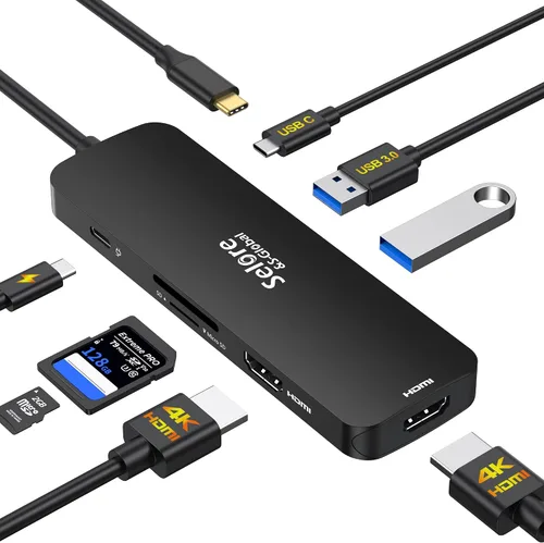 Estación de acoplamiento USB C Monitor HDMI dual, adaptador USB C a HDMI dual con 2 puertos HDMI, carga PD, SD/TF, puertos USB A y C 3.0, estación