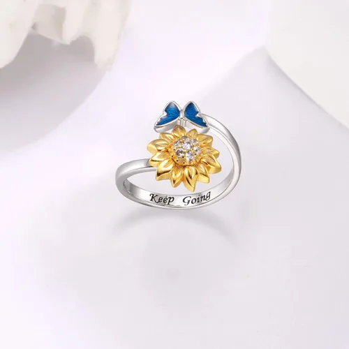 Miniatura 3 de oGoodsunj Anillo antiansiedad de plata esterlina 925 para mujer girasol abeja mariquita mariposa giratorio anillos tranquilos regalos de joyería