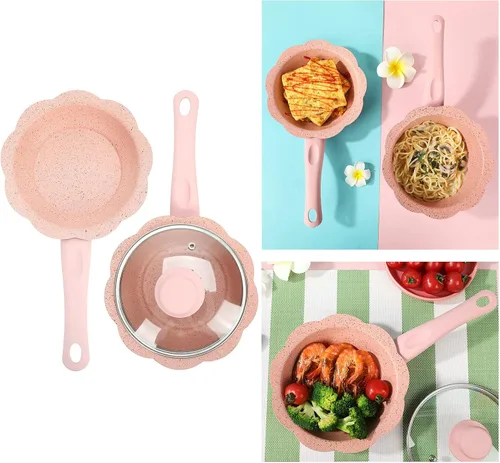 Miniatura 5 de Alvinlite Sartén antiadherente, mini sartén rosa para leche para bebés, juego de utensilios de cocina multifunción con tapa transparente para cocina