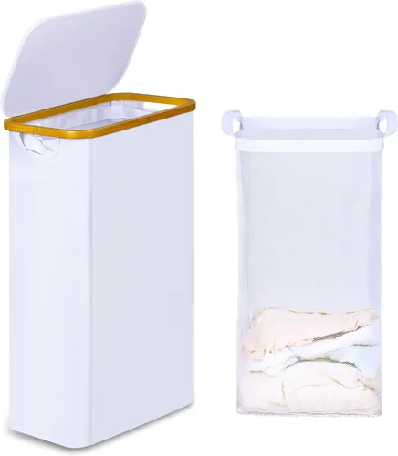 Miniatura 12 de iEGrow Cesta de lavandería delgada de 65L, cesta de lavandería estrecha con tapa, cesta de ropa plegable con asas de bambú, cesta de lavandería