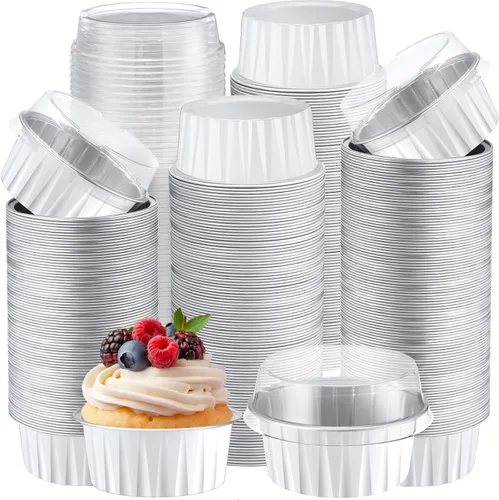 Miniatura 38 de Gejoy 400 Piezas Moldes de Papel de Aluminio para Hornear con Tapas 5 oz Moldes Desechables Ramekins Mini Moldes para Pasteles Crème Brûlée Moldes