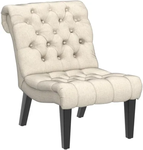Miniatura 5 de Silla decorativa moderna para dormitorio, sala de estar, silla lateral tapizada con botones y sin brazos con patas de madera maciza, tela crema