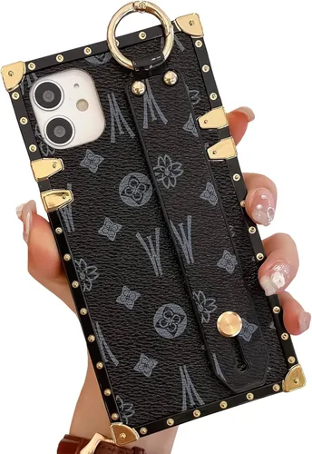 Miniatura 21 de Funda rectangular de cuero compatible con 11 con correa para muñeca, funda de diseñador de lujo para mujeres y niñas, funda protectora con soporte