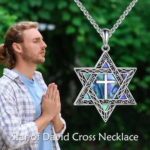 Miniatura 6 de CRMAD Collar de plata de ley con cruz de David, símbolo de paz, urnas, árbol de la vida, concha de abulón, joyería judía para mujeres y hombres