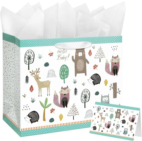 Miniatura 7 de Bolsa de regalo grande de 13 pulgadas con tarjeta y papel de seda para baby shower, cumpleaños de niños (animales del bosque)