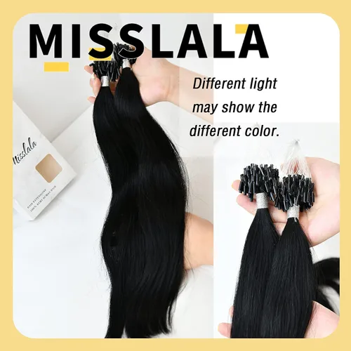 Miniatura 6 de Extensiones de cabello humano microlink de 16 pulgadas, extensiones de cabello natural suave de microcuentas, color #1 negro azabache, 100% cabello
