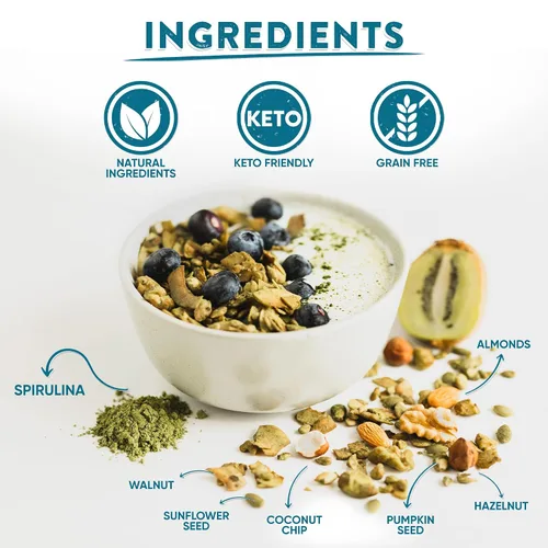 Miniatura 3 de Andes Secret Granola en polvo de espirulina – Almendras, nueces y avellanas – Granola Keto alta en proteínas sin azúcar, granos y gluten – 11 oz