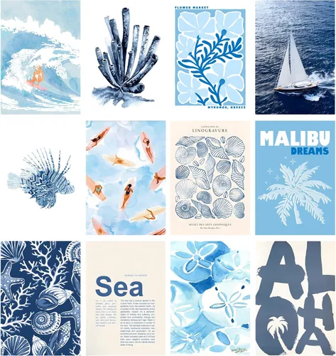 Miniatura 2 de Arte de pared de surf costero de playa, juego de 50 pósteres e impresiones de collage sin marco, decoración de pared de playa retro azul, decoración