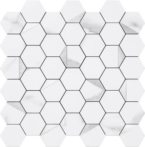 Miniatura 13 de DICOFUN 1 lámina de loseta adhesiva en muro de mármol gris largo octogonal, azulejos adhesivos de piedra falsa de PVC con metal plateado para pegar