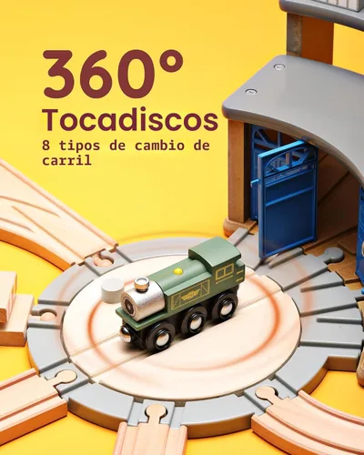 Miniatura 3 de Pista de tren de madera SainSmart Jr. con casa de locomotoras - Juguete ferroviario para niños pequeños, pistas de doble cara compatibles con todas
