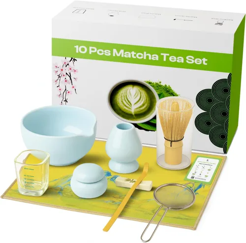 Juego de 10 batidores Matcha | Kit completo de té Matcha con cuenco de cerámica de 17 onzas, batidor y cuchara de bambú, soporte para batidor, tamiz