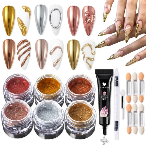 Miniatura 14 de Kit de Polvo de Uñas Cromado y Gel de Uñas 3D, Efecto Espejo Metálico Brillante Polvo Cromado Para Arte de Uñas, Pigmento de Polvo de Inmersión