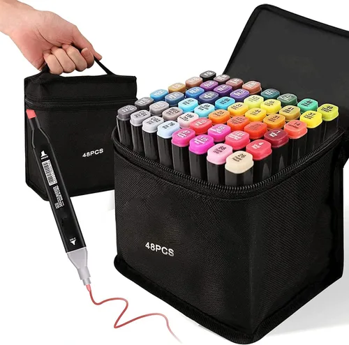 Kebuye Juego de 48 colores de marcadores de alcohol, marcadores de arte con puntas duales para dibujo, bocetos, colorear, y subrayar, marcadores de
