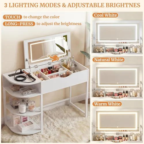Miniatura 5 de Cyclysio - Escritorio de tocador con espejo abatible y luces, escritorio de tocador de maquillaje con cajones, mesa de vestir con estantes