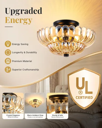 Miniatura 3 de Luces de Techo Semiempotradas Lámpara de Techo de Cristal Marrón Candelabros Base Negra Iluminación Moderna Accesorio de Luz Adecuado para Sala