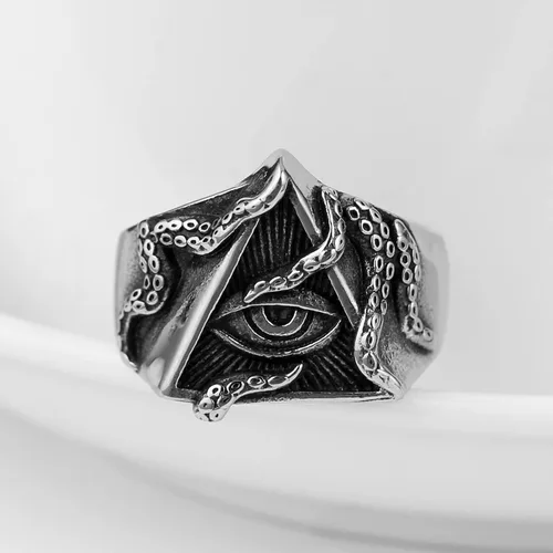 Miniatura 2 de HZMAN Anillo de ojo de la Providencia, estilo vintage, triangular, estilo tentáculo, para hombre, punk de acero inoxidable, resistente, para todo lo