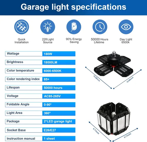 Miniatura 5 de Luces de garaje LED de techo, 12 paneles enchufables con 180 W, 18000 lúmenes, 6500 K, 12 hojas deformables multiposición, base E26 E27 ideal