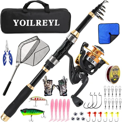 Miniatura 11 de Yoilrey - Combo de caña de pescar y carrete – Kit de iniciación de caña de pescar telescópica de 5.9 pies con carrete giratorio, línea de pesca, ï¼